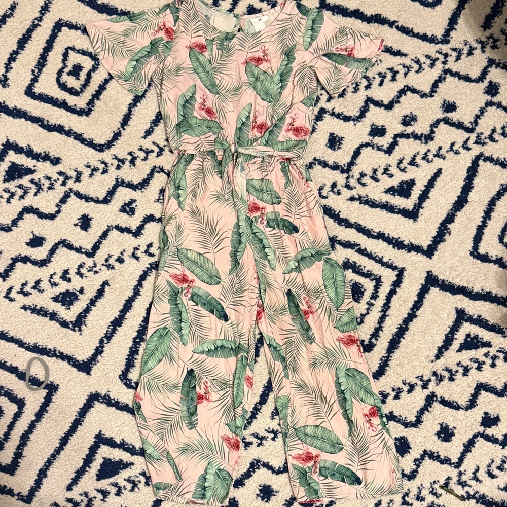 H&M Pink Jumpsuit with Green Tropical Leaf Print